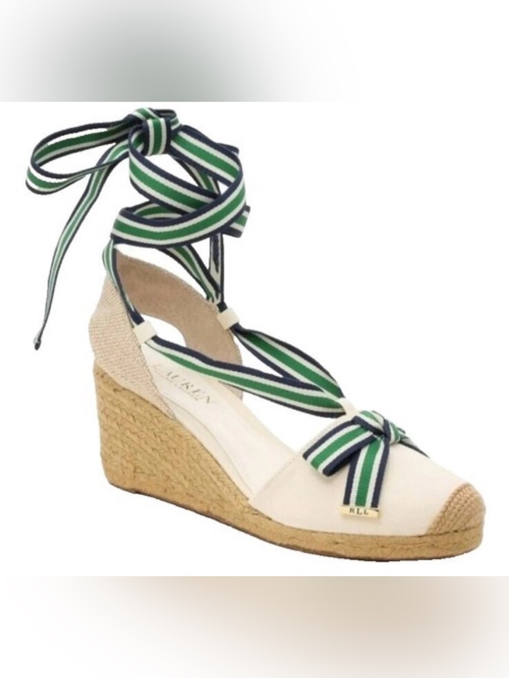 Ralph Lauren Cream Espadrille Wedges with Green and Navy Striped Ankle Ties
